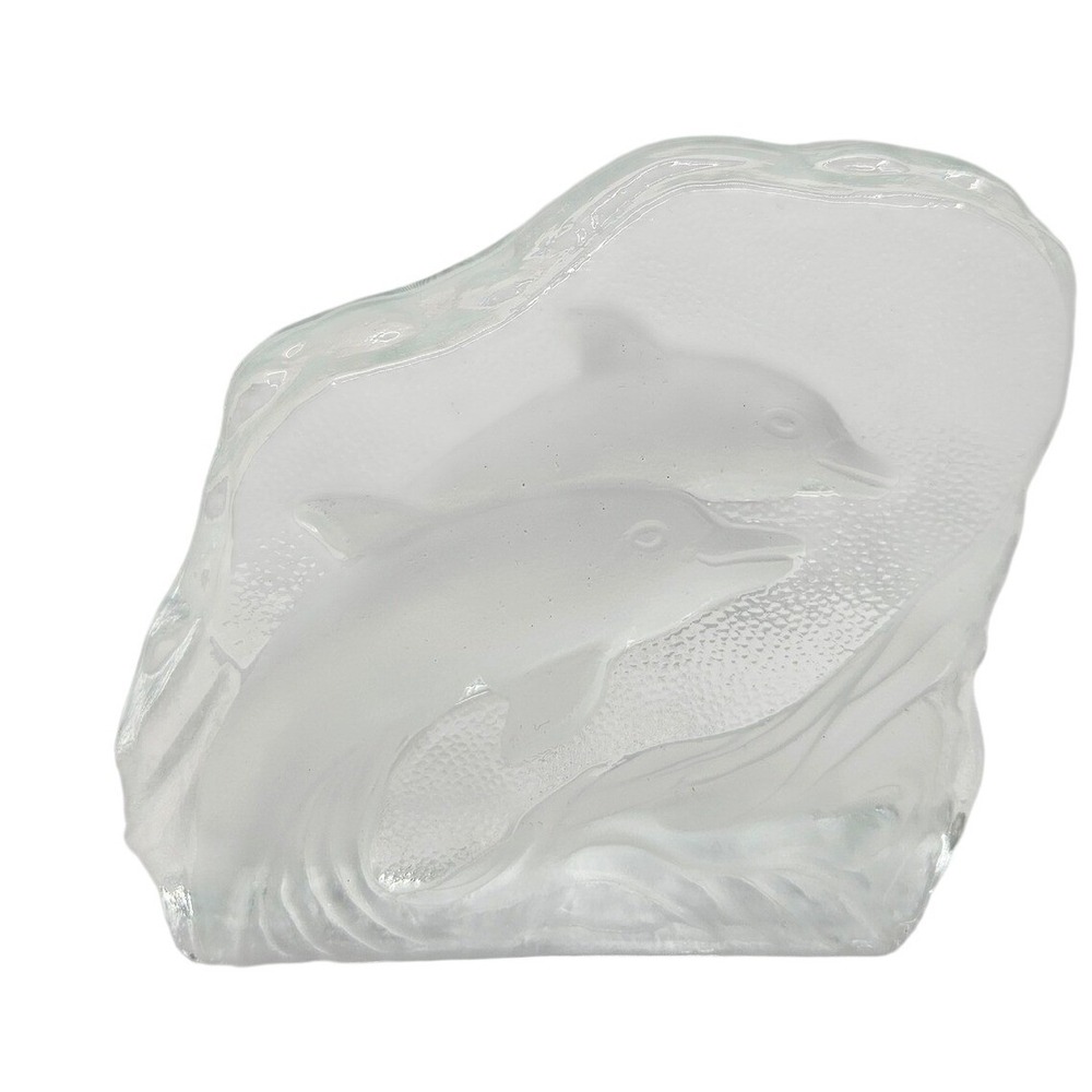 Glass Dolphin Sculpture Ocean Wave Art Figurine Paperweight Etched Frosted Clear